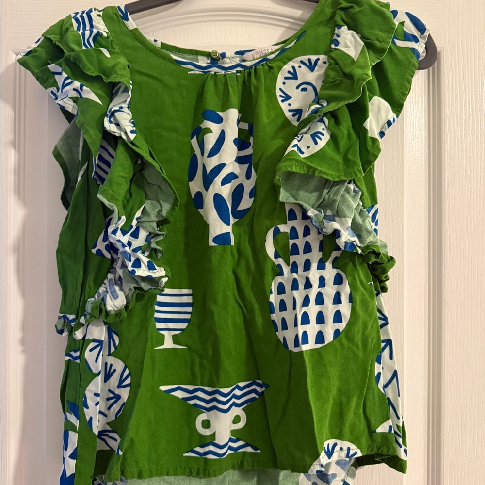 Chinoiserie Green and Blue Ruffle Top